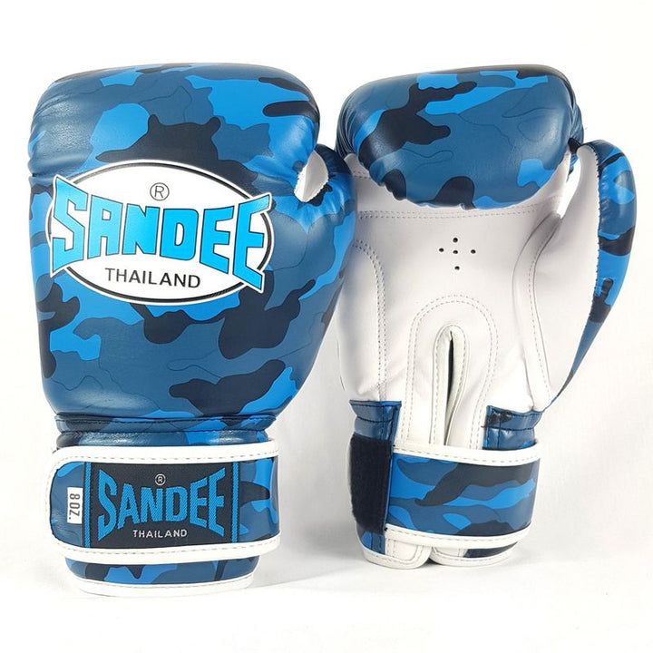 Kids Camo Velcro Boxing Gloves - Blue & White