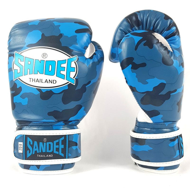 Kids Camo Velcro Boxing Gloves - Blue & White