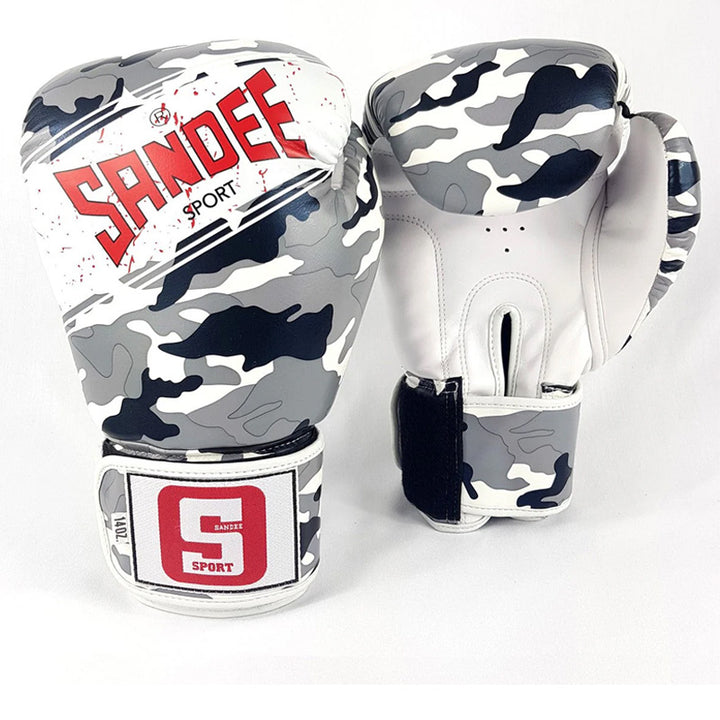 Sport Velcro Camo 3 Tone Boxing Gloves - Grey & White